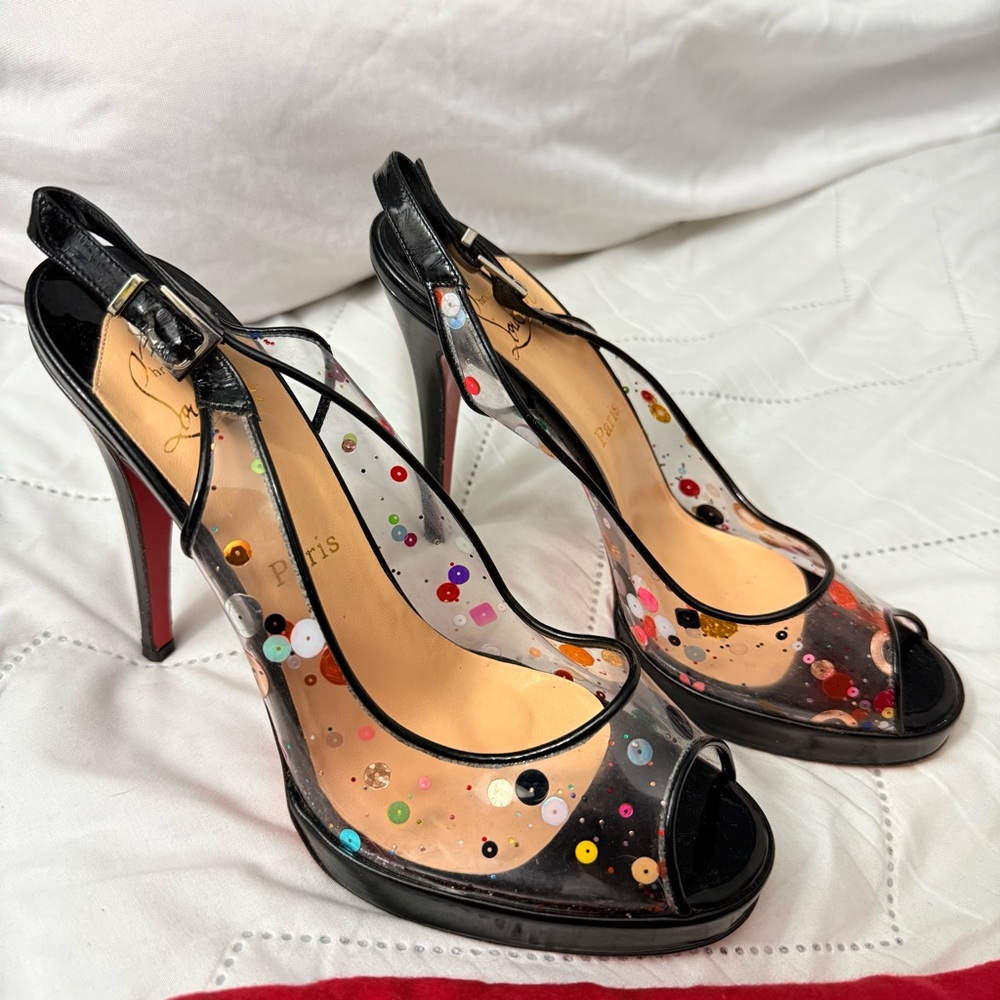 Christian Louboutin “UN BOUT” PVC Sequin Slingback Peep Toe Heels – Size 40.5 - Picture 4 of 6